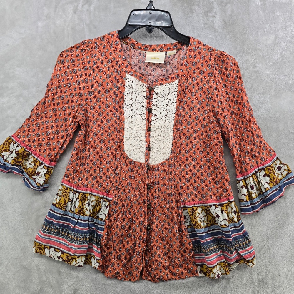 Maeve Women 4 Hiver Blouse Orange Boho Lace Bib Floral Ruffle Peasant Top